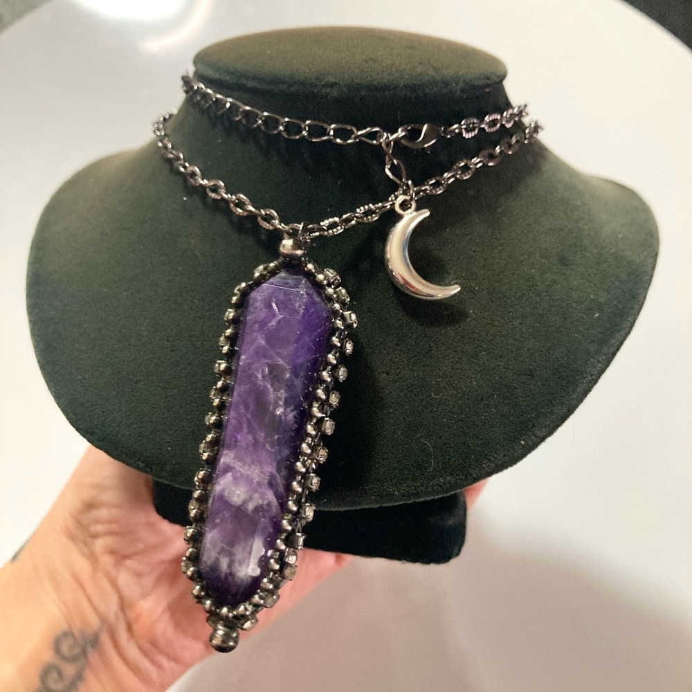 Genuine raw long amethyst crystal stone boho charm moon necklace - Picture 11 of 14